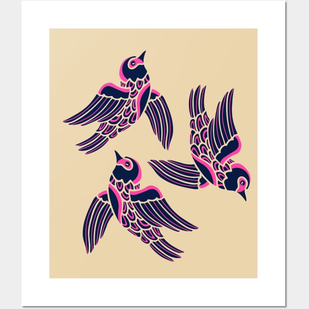 BIRDS FLYING HIGHER Cute Aspirational Hopeful Birds Nature Wildlife in Fuchsia Pink Cream Dark Blue - UnBlink Studio by Jackie Tahara Wall Art by UnBlink Studio by Jackie Tahara